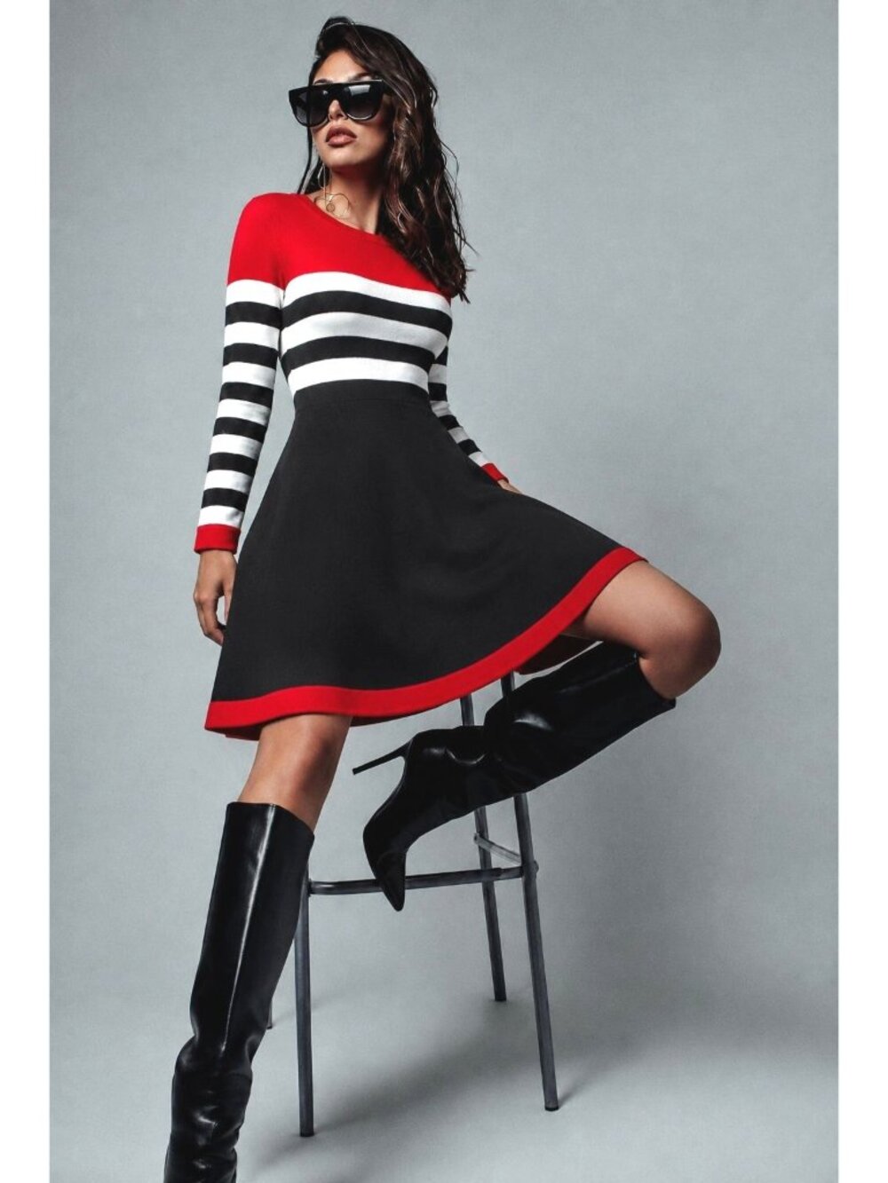 Marc New York Size S Red Black Ivory Striped Knit Sweater Dress Retro Mod A Line